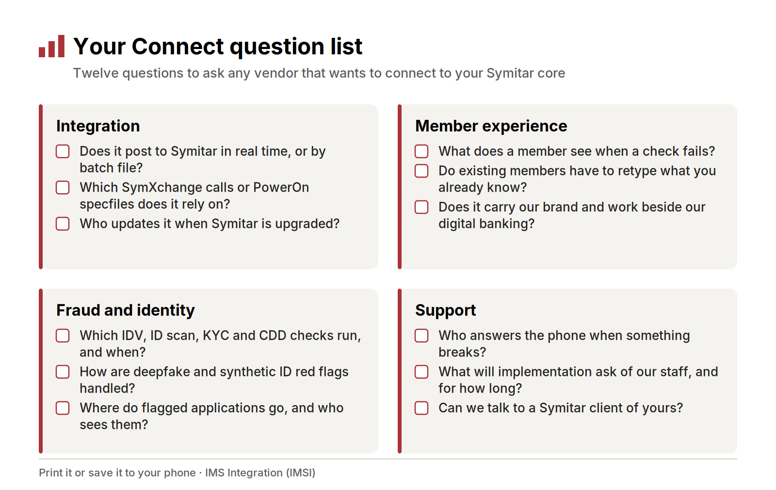 Printable list of 12 Symitar integration questions in four groups